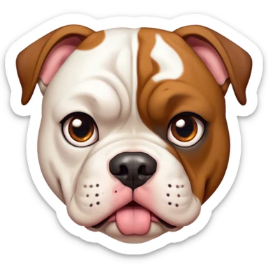 Cinematic Comical White and Brown American Bulldog Portrait Emoji, Head tilted dramatically with an exaggeratedly shocked or offended expression, short white fur with bold brown patches, wide, expressive brown eyes filled with exaggerated disbelief, Simplified yet hilariously expressive features, highly detailed, glowing with a slightly sassy glow, high shine, dramatic yet playful, stylized with an air of attitude, bright and endearing, soft glowing outline, capturing the essence of a sassy and over-the-top pup, so meme-worthy it feels like it could side-eye its way into internet fame instantly! sticker