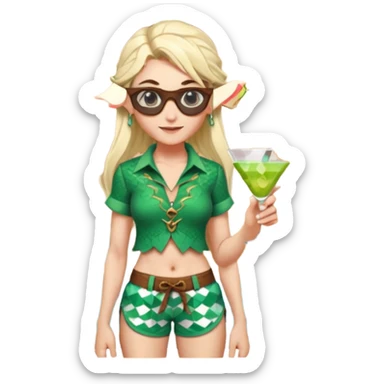 elf female legolas portrait, patterned board shorts (geometric/abstract), unique wooden-framed sunglasses, undercut hairstyle, slight smirk, visible pointy ears, no background, centered emoji, hipster summer vibe coctails  sticker