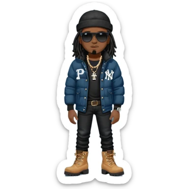 African American man with shoulder length black dreadlocks with black bead wearing black sunglasses with wearing denim skinny jeans wearing black bubble winter coat wearing black New York Yankees baseball hat and  timberland boots with arms folded sticker