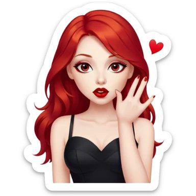 a pretty woman with long red hair and red eyes. The woman wear a black little cutted dress. She have red lipstick and she have a seductive look. She do a kiss. Very cute graphics sticker