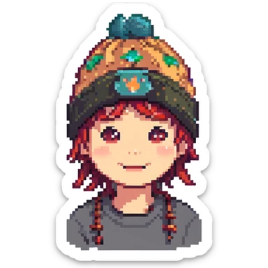 Transform this character into pixel art style, streamer wearing a Kaytan beanie, joyful expression, transparent background, keep the facial resemblance from the photo. sticker