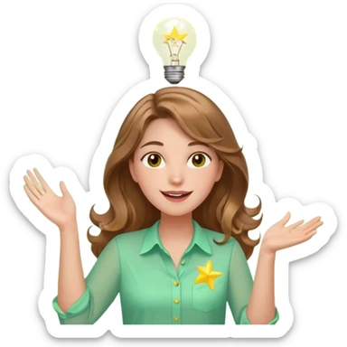 Joyful and imaginative woman with fair skin, long wavy light brown hair, hazel eyes, wearing a light green blouse with yellow accents, holding a glowing lightbulb and gesturing outward. Surrounded by stars, sparkles, speech bubbles, a paper plane, and a small heart. Waist-up, front-facing sticker