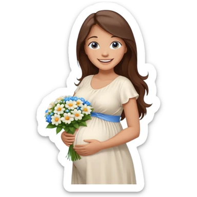 Create a cute emoji-style illustration of a young brunette woman with long brown hair, blue eyes, and a happy smile. She is pregnant, shown with a visible baby bump, wearing a simple white dress and holding a small bouquet of flowers. She looks excited and joyful, as if she's about to marry soon. sticker