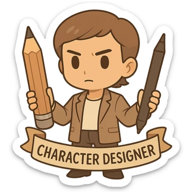 Make this chibi sticker character more serious and professional, keeping it gender-neutral. Give it a focused expression, sleeker art tools, and a more refined, modern look. No background. sticker