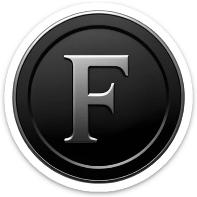 Emoji icon of a black coin with engraved letter F, minimalist style, isolated, only black color sticker