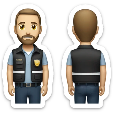 Security Guard, with beard Brown hair, combover, golden coloured skin, NO HAT with security vest on sticker