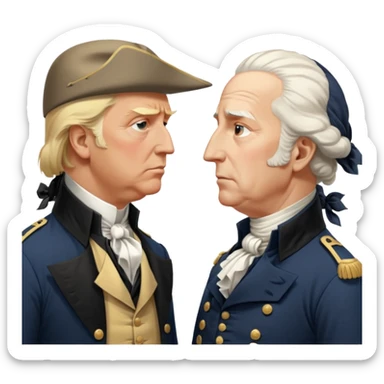 “Donald Trump and George Washington facing each other. Trump in a modern suit, visibly shocked. George Washington in colonial uniform, calm and silent. Realistic style, cinematic lighting.” sticker