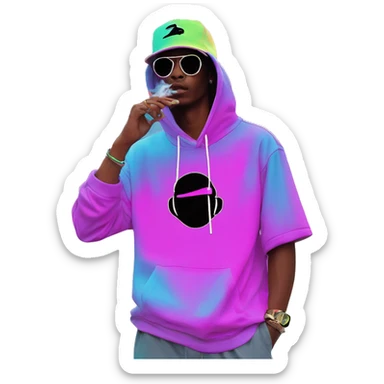 Multicoloured neon Vaporwave person smoking wearing hoodie dancing hip hop bucket hat tropical Skater fashion aesthetic baggy clothes graphic t shirt 420 sticker