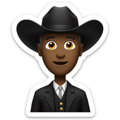 White man in a black suit with a cowboy hat sticker