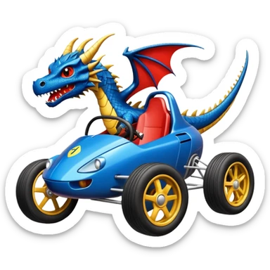 Special air-cooled three cylinder race car whose frame and suspension is made of shopping cart material with a large gas tank, and rear spoiler, is being professionally steered/driven by a small dark dragon  sticker
