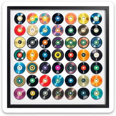 Icon for Vinyl Record Collecting: colorful vinyl records in decorative packaging featuring artist images, neatly arranged on a wall or shelf. The icon should reflect the aesthetic and artistic aspect of collecting vinyl records. Transparent background. sticker