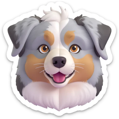 Australian Shepherd dog face, cute expression, heterochromatic eyes, fluffy merle fur, sweet and friendly sticker