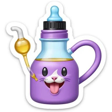 Smiling bottle of oil light purple top and light blue sticking tongue out and with cat ears sticker