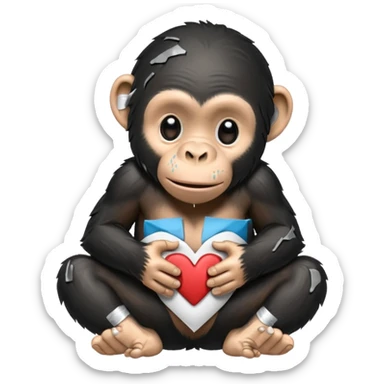 crying cartoon chimpanzee using bandaids to mend a cracked heart sticker