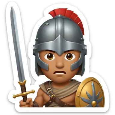 Emoji portrait of an entertainment slave (gladiator). He has an angry expression and wears a helmet, holding a short sword. sticker