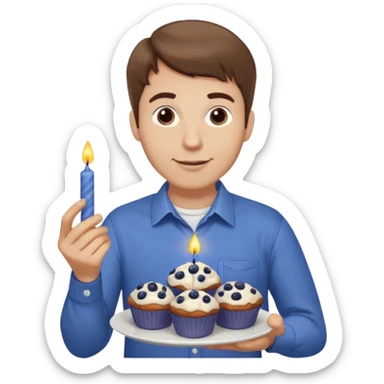 Make a white man with brown hair wearing a shirt that says happy b day Virginia holding a blueberry muffin with a birthday candle in it. Have him holding multiple muffins and no candles in hand sticker