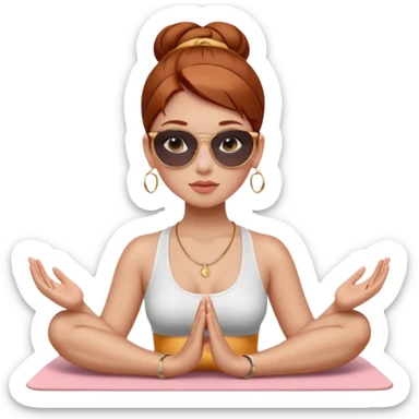 Clean girl influencer character, chest-up portrait.Sleek tight bun hair color (auburn .Natural glossy makeup, soft blush, shiny lips.chest up portrait , small gold hoop earrings, delicate gold necklace.Black sunglasses on head.Rolled yoga mat hanging over her shoulder. sticker