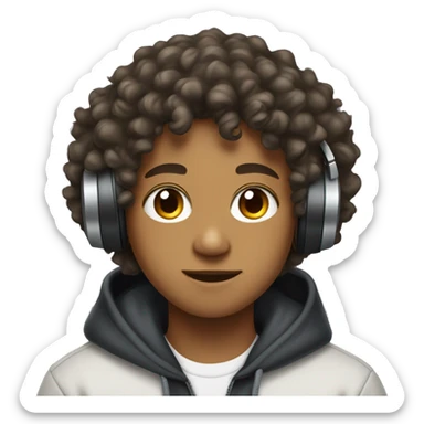 A 16 year old mixed boy with curly hair, a hoody and headphones on sticker