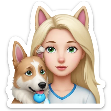 White European young woman with blue-green eyes and long blond hair with her white German Shepherd dog,the Dog hast a pink nose and short fur  and Brown eyes sticker
