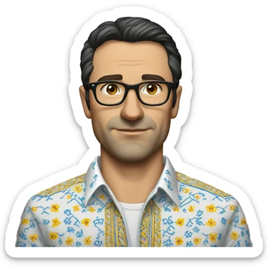 European dark-haired man in a Ukrainian embroidered shirt, glasses, no mustache sticker