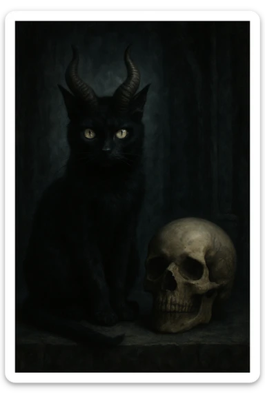 A black cat with prominent demon horns perched beside a human skull, mysterious and gothic, dark and atmospheric sticker