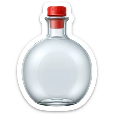 A 3D Apple-style clear glass bottle emoji, completely empty, smooth and shiny transparent surface, simple round body with a short neck and small cap, light reflections on the glass, clean minimal background. sticker