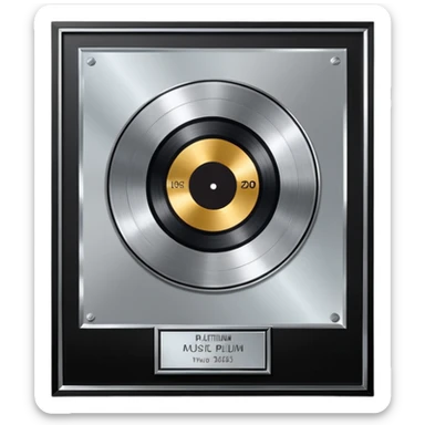 A platinum music award plaque: a square, polished platinum plate with a subtly textured, mirror-like finish, mounted on a simple dark metal base. The center features a relief of a or stylized vinyl record in a slightly darker metallic tone.  sticker