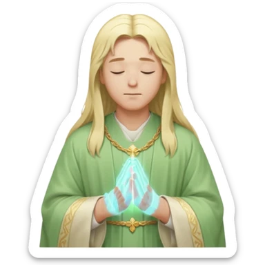 a young bishop, long blonde hair, light green wide, flowing outer robe. hands clasped together, eyes closed. Soft light, subtle fern. Waist-up, profile. sticker