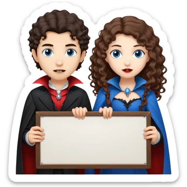 Asian boy and white girl with long brown curly hair and blue eyes Vampires holding a large blank sign sticker