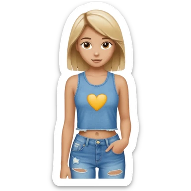 preppy teen girl, tan, blonde highlights, brown hair, long eyelashes, beach aesthetic, wearing cute clothes, sexy, wearing ripped blue jeans with a crop top sticker