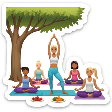 A person moves through a gentle yoga pose in the morning sun, one hand reaching up, the other near a plate of vibrant whole foods and a bottle of water. A cozy bed sits behind them, glowing softly. Nearby, a small group of friends laughs together under a tree—health, movement, nourishment, rest,  sticker