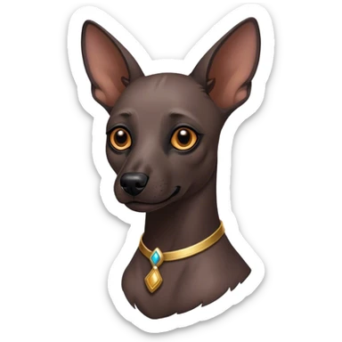 Cinematic Noble Xoloitzcuintle dog Portrait Emoji, Poised and regal, with a sleek, muscular build and smooth, hairless ebony skin accented by subtle wrinkles, deep-set soulful dark eyes, Simplified yet sharp and sophisticated features, highly detailed, glowing with a soft, dignified glow, high shine, intelligent and loyal, stylized with an air of ancient grace, focused and attentive, soft glowing outline, capturing the essence of a watchful and confident guardian, so majestic it feels as though it could stride out of the screen with effortless authority! sticker