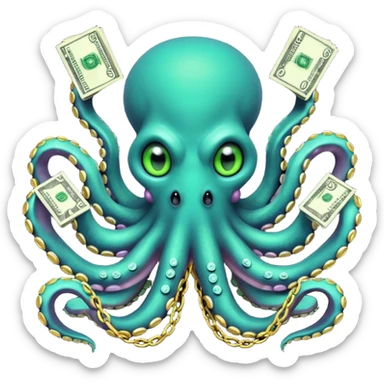 Intimidating octopus with pearl black skin, neon suction cups. Evil glaring eyes. Wearing a thick gold chain. 2 tentacles are holding their own cellphone, 2 more tentacles are holding stacks of money. sticker