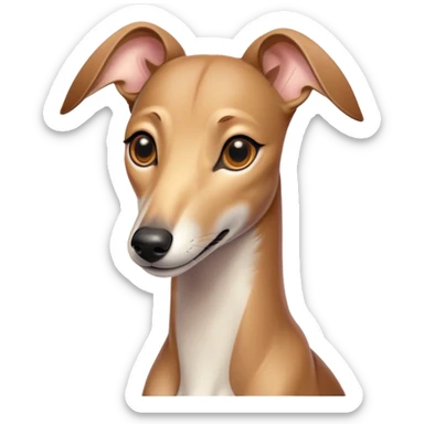 Cinematic Cute Fawn Greyhound Portrait Emoji, Head tilted playfully and inquisitively, featuring a sleek fawn Fur with a gentle sheen, round, sparkling eyes filled with curiosity, Simplified yet irresistibly adorable features, highly detailed, glowing with a warm, friendly glow, high shine, affectionate and nimble, stylized with a touch of whimsy, bright and endearing, soft glowing outline, capturing the essence of a mischievous yet loving racer, so playful it feels like it could sprint out of the screen and into your arms! sticker