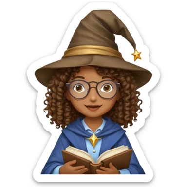 A Joyful child Female with Brown skin and Curly hair, wearing a Traditional outfit, a Wizard hat, Sunglasses, carrying a Spellbook, working as a farmer, while drinking Coffee and reading a Textbook. sticker