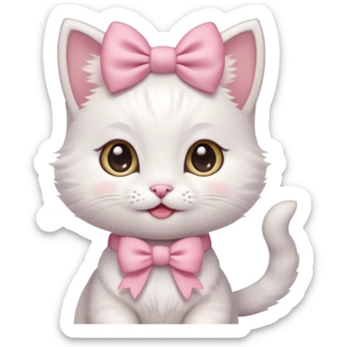 A tiny white kitten with innocent eyes, rosy pink cheeks, and an adorable smile, sporting a dainty pink bow on its head sticker