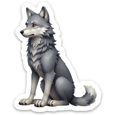 cinematic-[wolf]-realistic-full-body-sitting-emoji,-tail-resting-loosely-beside-its-paws,-head-tilted-dramatically, -scruffy-[grey]-fur,-simplified-yet-realistic-focused-features,-highly-detailed,-glowing-with-an-almost-sarcastic-glow sticker