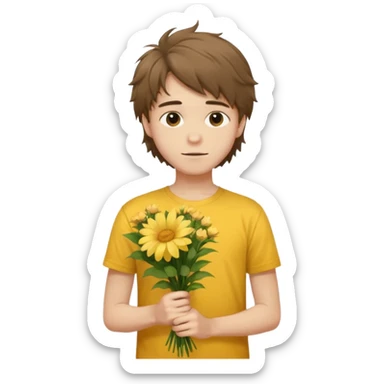 generate an ios genmoji of a 20 year old fair boy with brown long and messy hair with faint upper lip hair - visible (brown). should look like he cant grow a mustache., carrying a flower bouquet, wearing a yellow tshirt, looking shy sticker