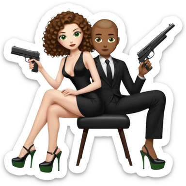 Sensual woman green eyes woman only brown long curly hair evil,with 7 inch platform stripper high heels long low cut black dress,and a gun, she is sitting on a buzz cut hair brown man's pimp lap, holdingwomans butt man is wearing a black suit sticker