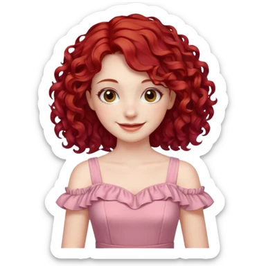 woman with shoulder length curly cherry red hair with brown eyes and pale skin smiling. pastel dress sticker