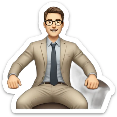 Joyful Celebrating victory Hands up Pale skinned Fit Man With dark brown hair in gray jacket, beige office shirt, Brown pants and vintage glasses sitting In a soft chair sticker