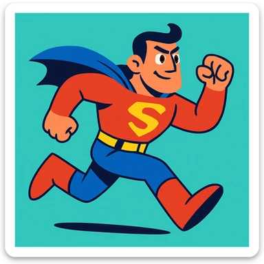 man in a superhero costume running, dynamic pose, vibrant colors, energetic cartoon style sticker
