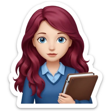 girl with long wavy burgundy hair, blue eyes and a notebook sticker