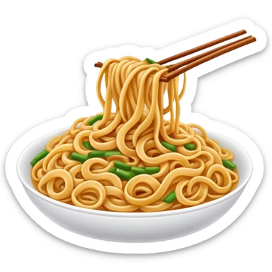 Shanghai Fried Noodles with thick chewy texture, simplified emoji style with bold outlines and bright colors, cartoon style stir-fried Shanghainese Cu Chao Mian sticker