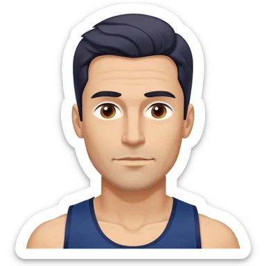 Youthful-looking athletic 40-year-old man with light brown skin, elongated face, defined jawline, attractive features, medium dark eyes, arched eyebrows, straight nose, confident expression, medium wavy dark hair with modern style, wearing a navy blue tank top sticker