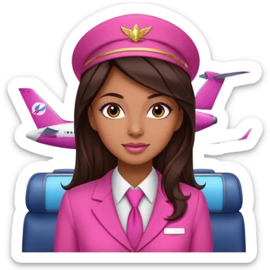 Flight attendant with pink outfit tan skin long dark brown hair with highlights pretty makeup sticker