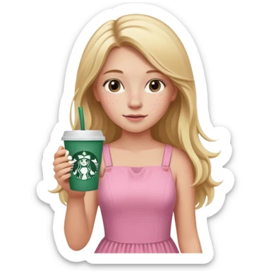 teenager girl blond w/ freckles long hair pink dress with starbucks sticker