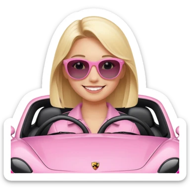 Pink porsche taycan with blonde girl in front of it sticker