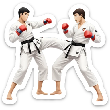 Two taekwondo fighters in traditional white doboks with black belts. One delivers a powerful kick, while the other defends by blocking with his knee. The background shows a professional arena with bright lights and an excited crowd. Transparent background highlights the intense action sticker