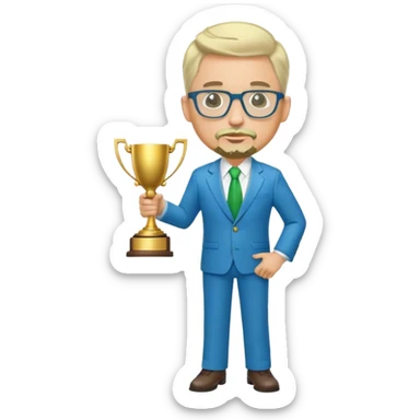 Full Body white male plus size wearing glasses with a goatee with light blonde and gray very short hair happy basketball head Coach in blue and green suit holding trophy sticker